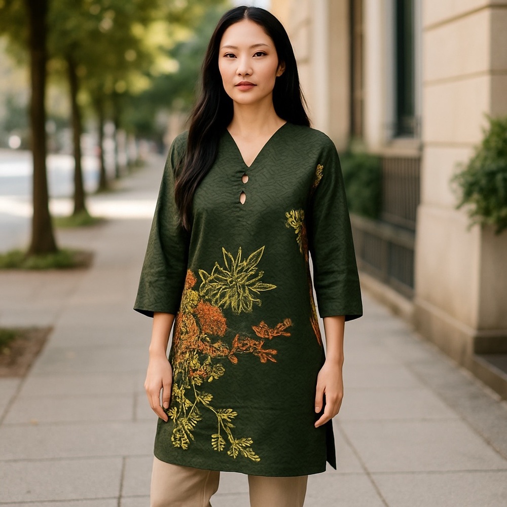 Floral Embroidered green Tunic Dress it Tunic top, Medium